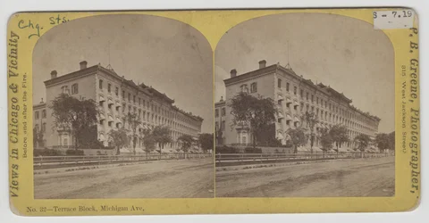 Vue stéréoscopique de Terrace Block sur Michigan Avenue avant l